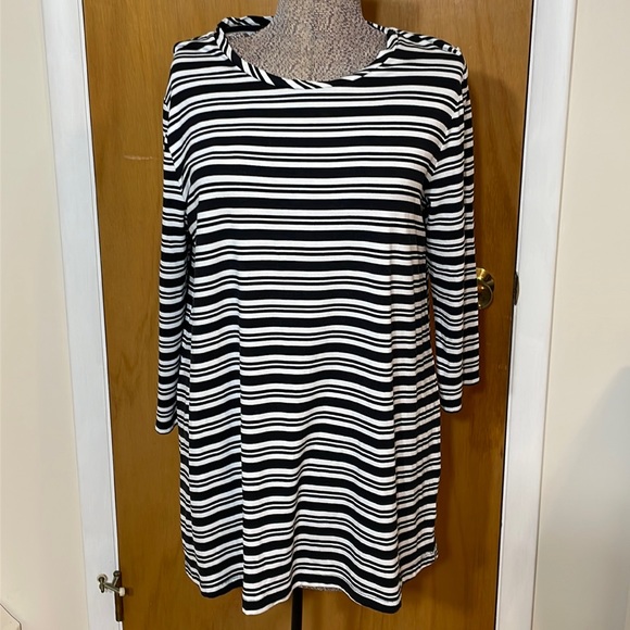 Liz Claiborne Studio Womens Large Black and White Stripe Tunic Blouse - Picture 1 of 6